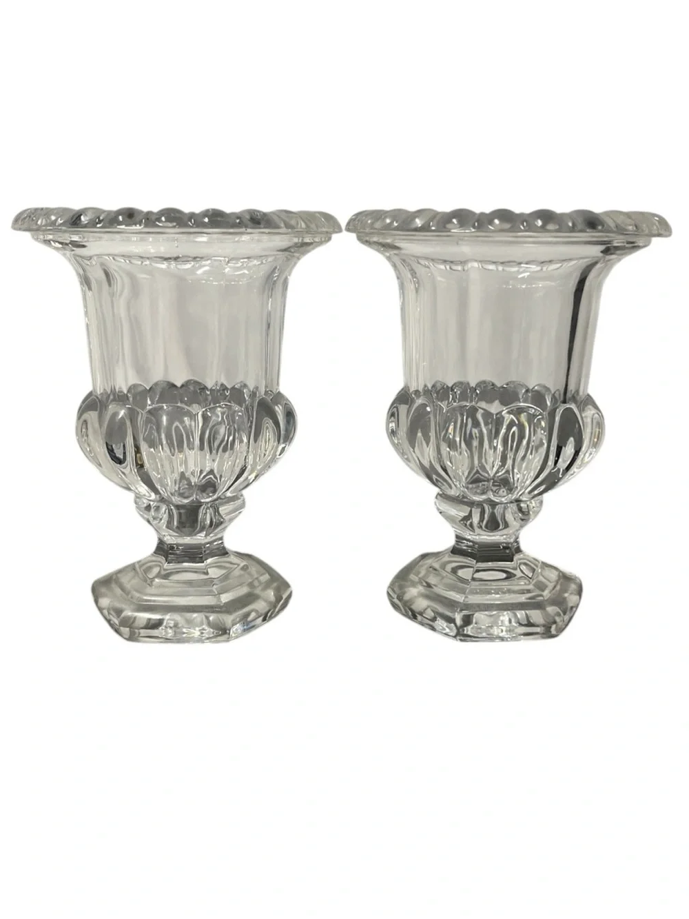 Set X 2 Unmarked Clear Glass Pedestal Vase Fluted Ribbed Scalloped Classic Decor